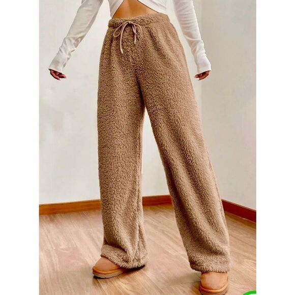 NWT Gorgeous L Cozy Fluffy Sherpa lk Tan Wide Leg Elastic Drawstring Teddy Pants - Picture 9 of 12